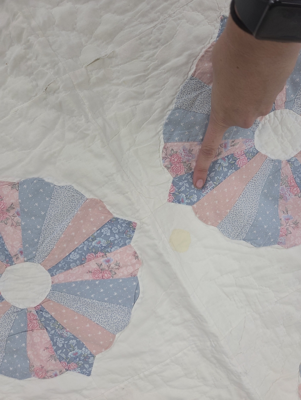 Vintage Handmade White Quilt with Pink and Blue Floral Medallions Floral - Picture 7 of 10